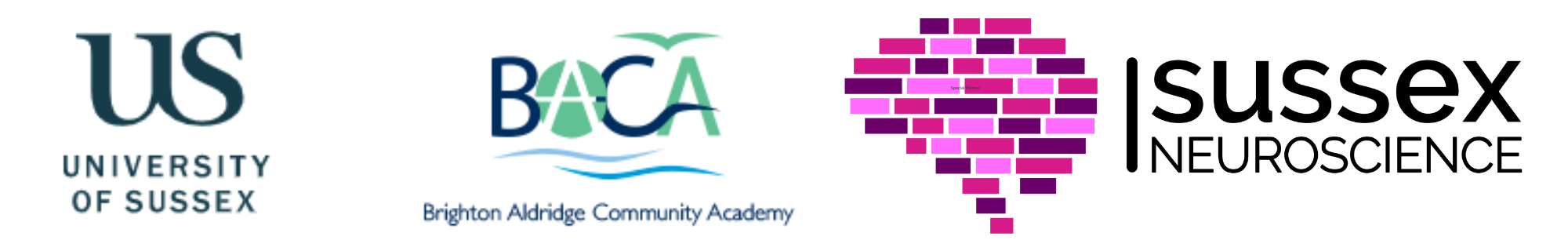 Logos for University of Sussex, Brighton and Aldridge Community Academy and Sussex Neuroscience