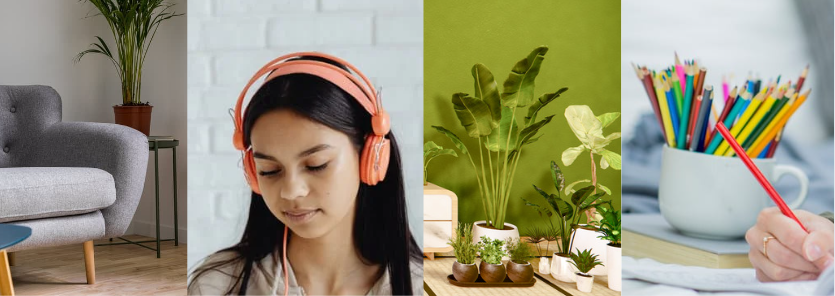 Images of a comfortable chair, a woman wearing headphones, some houseplants, and colouring in. 